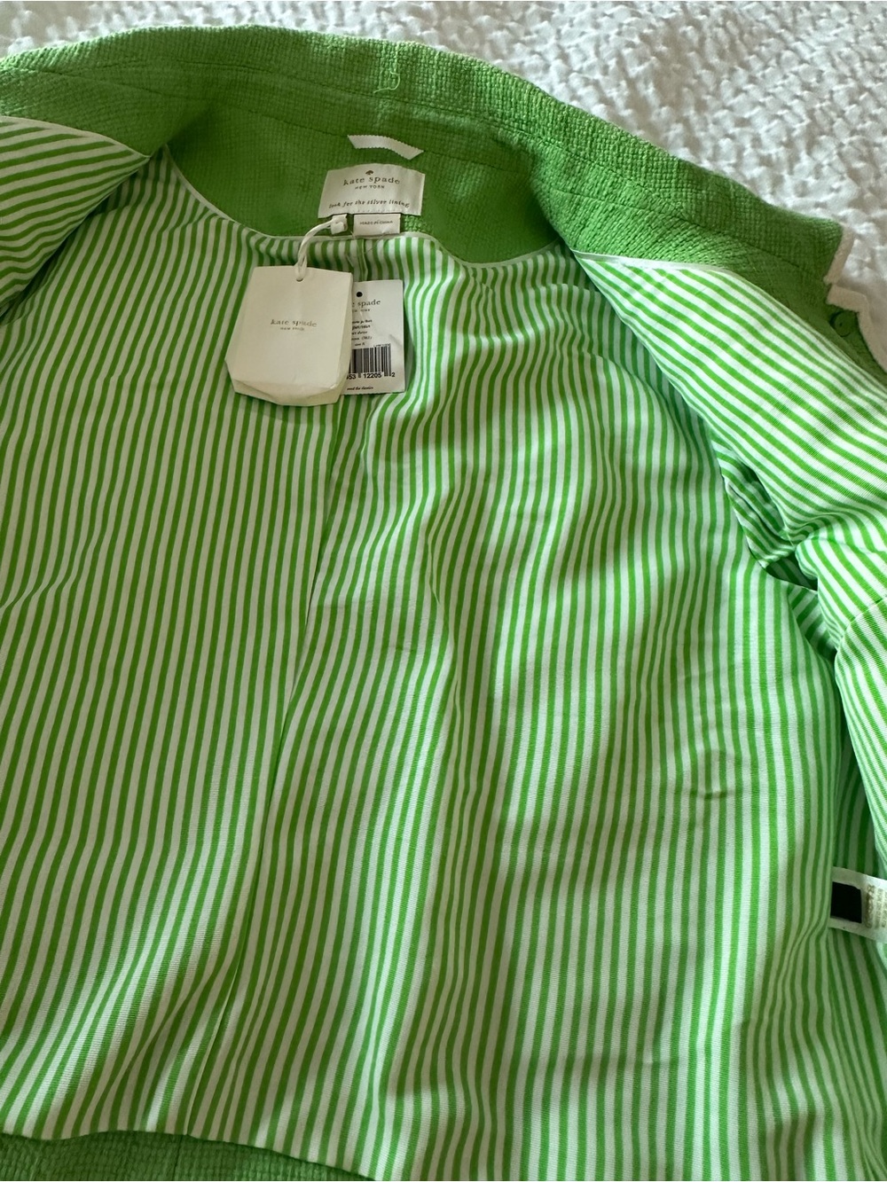 kate spade Bright Lime Green Bouclé Cropped Jacket with White Trim - Picture 8 of 12